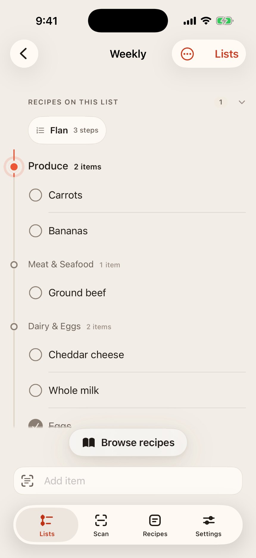 A shopping list with a 'Recipes on this list' rail showing the Flan recipe, sitting directly above the aisle-station item rows