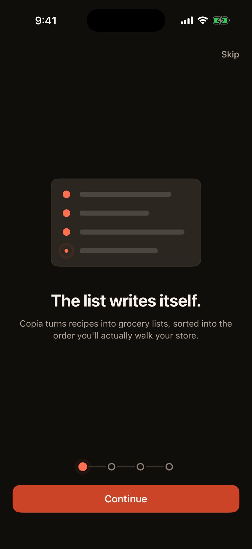 Copia's first-run onboarding: 'The list writes itself,' a custom illustration of a checklist card