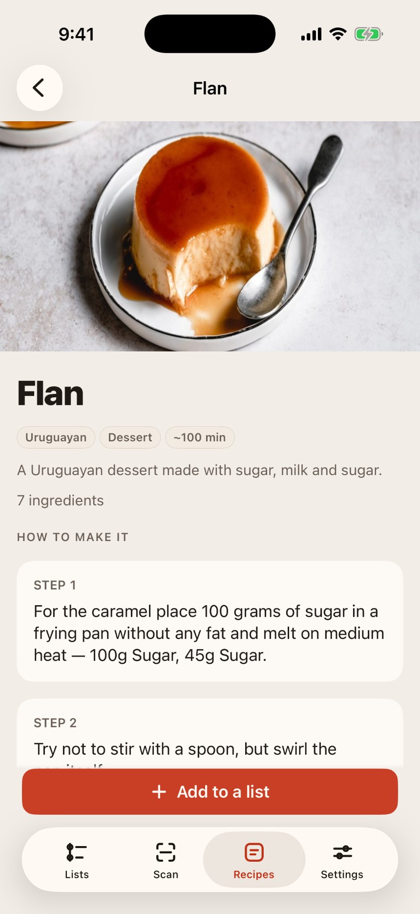 A recipe detail screen: Flan, 7 ingredients, numbered steps with measures folded directly into the instruction text