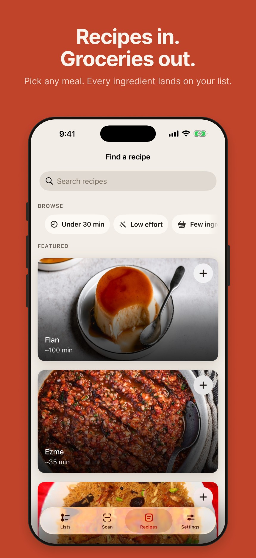 Copia App Store screenshot, 'Recipes in. Groceries out.': the recipe browser with search, quick filters (Under 30 min, Low effort), featured recipes with real photos