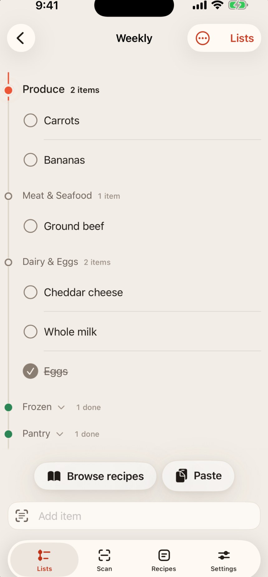 Copia's shopping screen: aisle stations with item rows (Carrots, Bananas, Ground beef, Cheddar cheese), no quantity number on any row