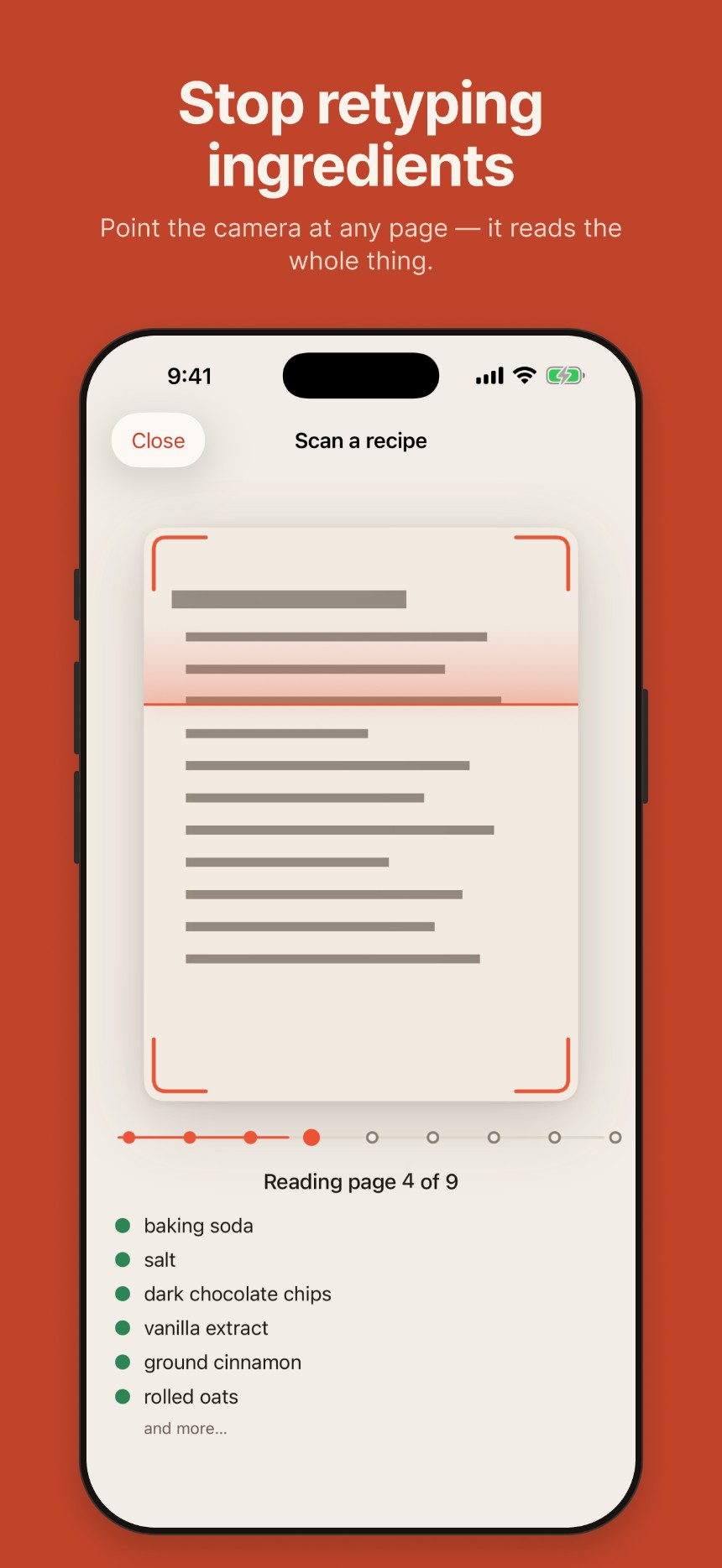 Copia App Store screenshot, 'Stop retyping ingredients': camera framing a cookbook page with corner guides, 'Reading page 4 of 9,' ingredients streaming in below as they're recognized