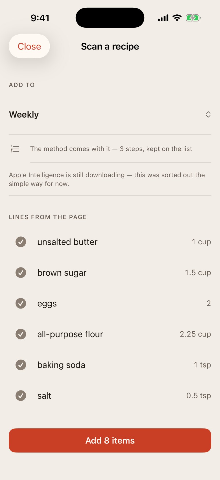 Copia's scan review screen: six parsed ingredients with amounts, ready to add to the Weekly list
