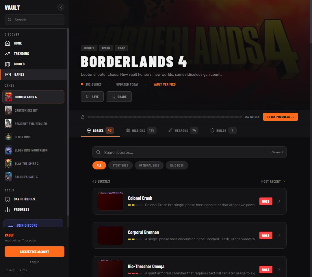 Vault's Borderlands 4 guide hub: 46 bosses, difficulty ratings and category tabs for bosses, missions, weapons and builds