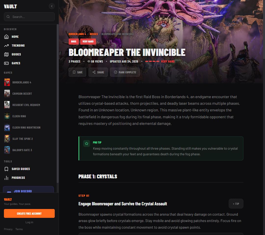 A Bloomreaper The Invincible boss guide on Vault: phase badge, difficulty rating and a green PRO TIP callout
